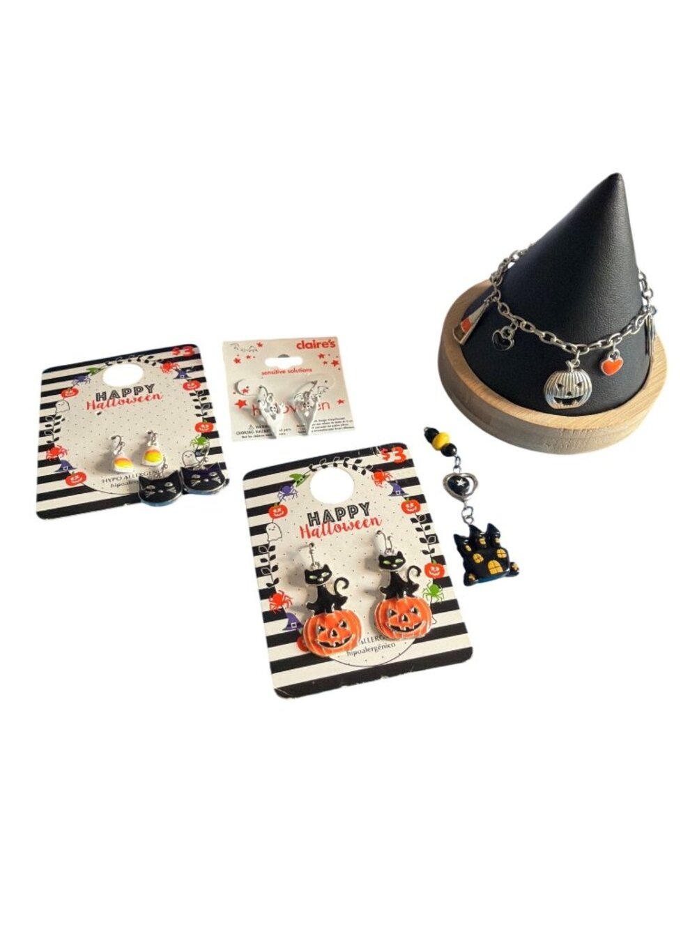 Halloween Themed Jewelry Lot 3 Pair Earrings Charm Bracelet Cat Ghosts Candy NEW